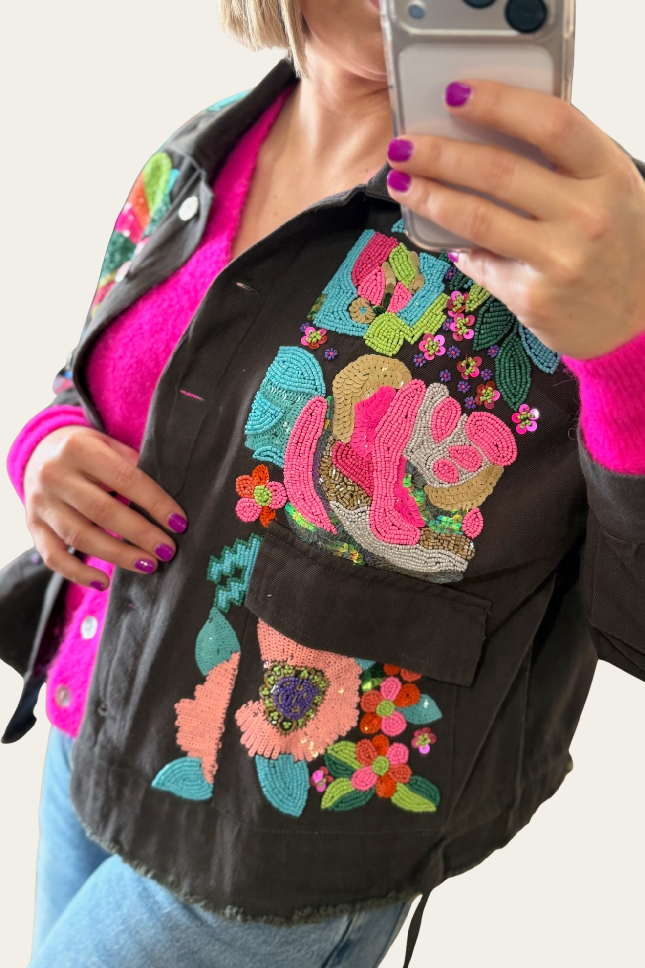 🌸 Veste kaki brodée – 100% coton