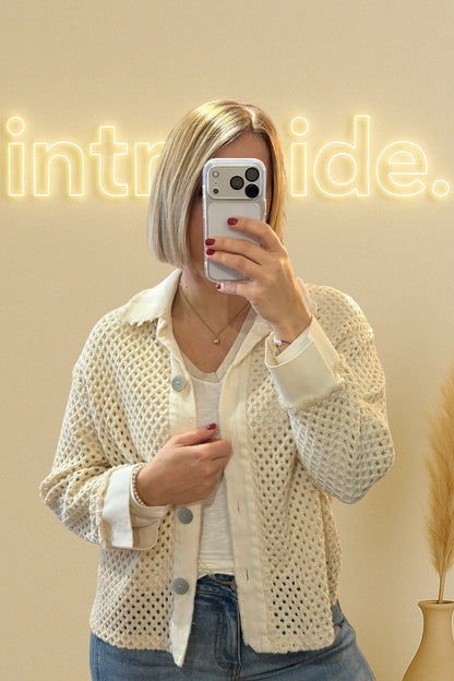 🤍 Veste en maille crochet ajourée – 100% coton