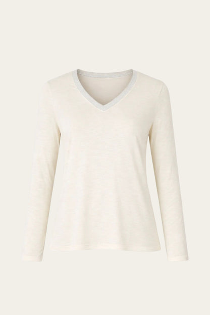 🤍 Haut manches longues col V - écru et liseret doré