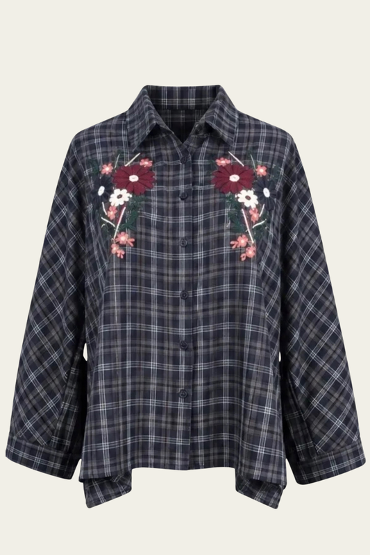 La Chemise Romy « carreaux & fleurs » - marine et gris 🌸🩶