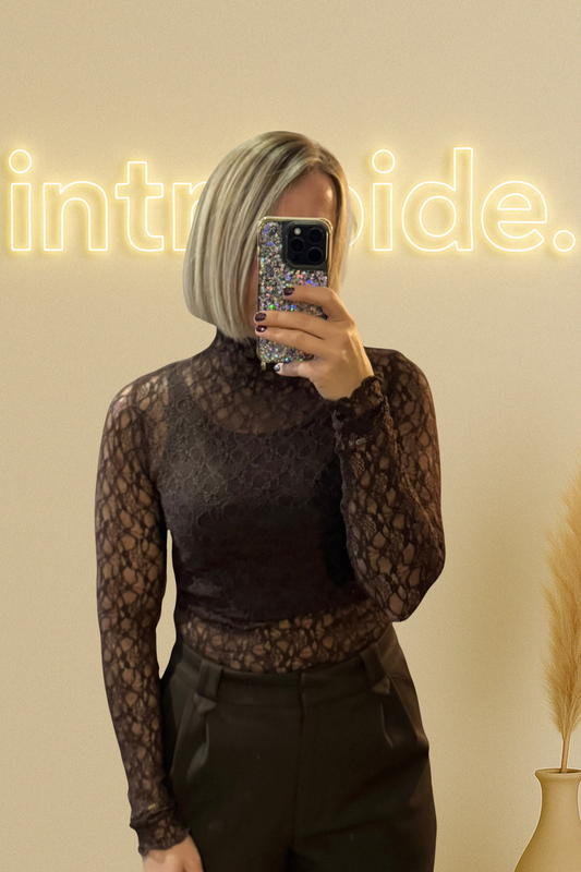 Sous-pull col montant marron – effet dentelle 🤎