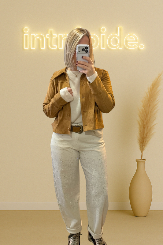 🤍 Pantalon écru à strass – Coupe boyfriend