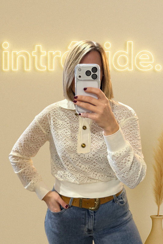🤍 Petit pull court polo en dentelle écru